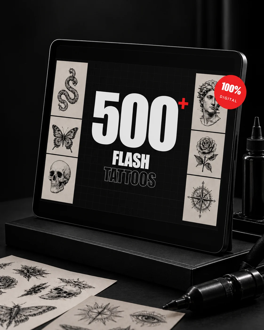 Mockup visual do Pack Flash Tattoos em um tablet sobre uma bancada de estúdio, baseado na referência fornecida